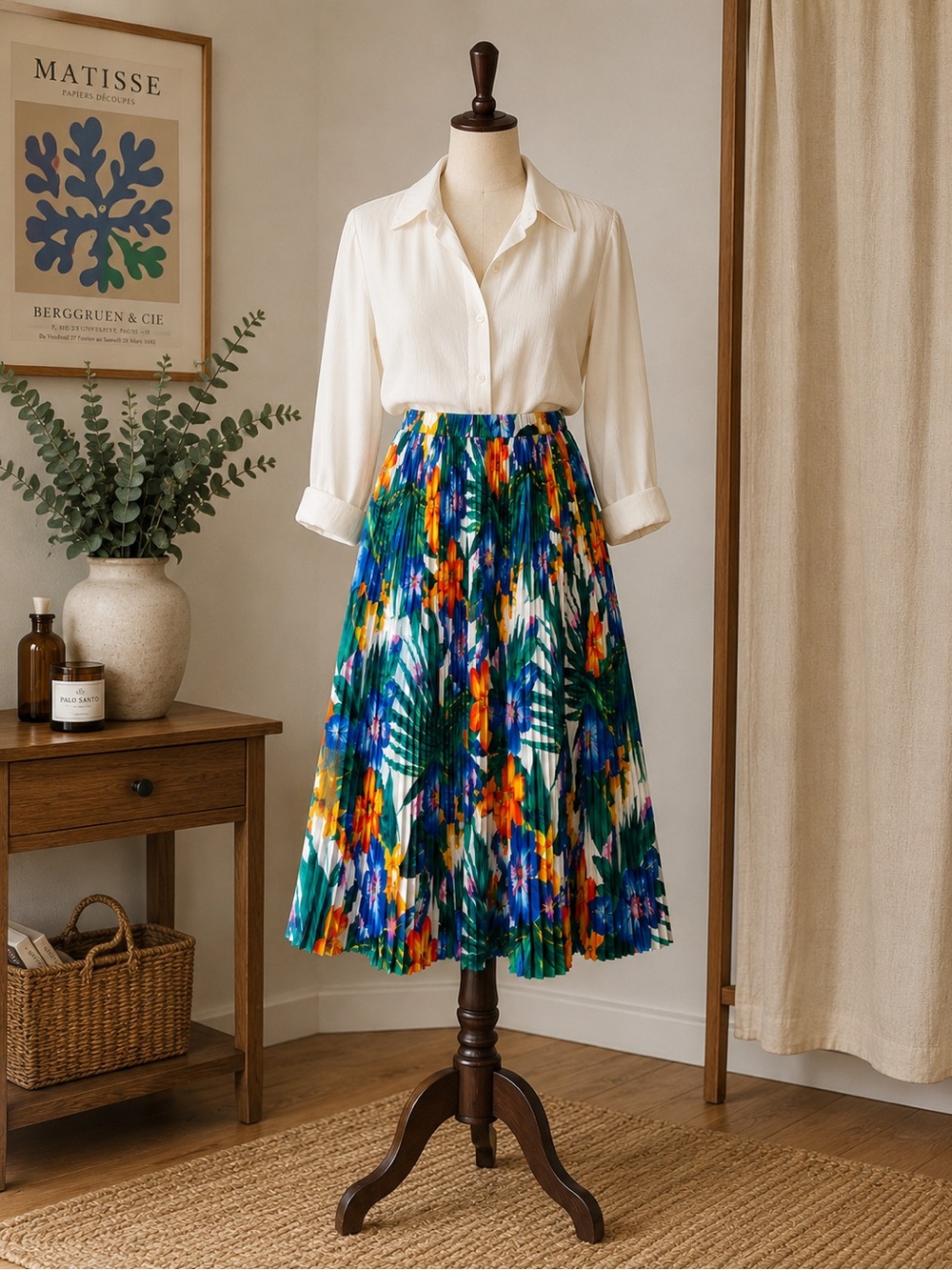 Vintage 70s Irving Nadler Tropical Floral Pleated Midi Skirt Made in Canada